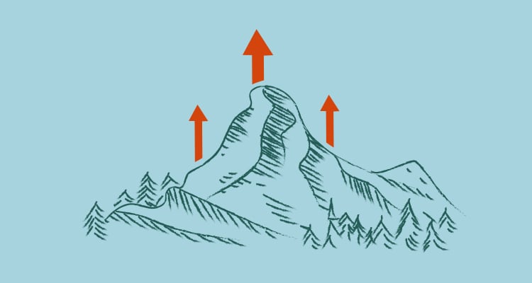 Illustration af bjerg med røde pile der peger op