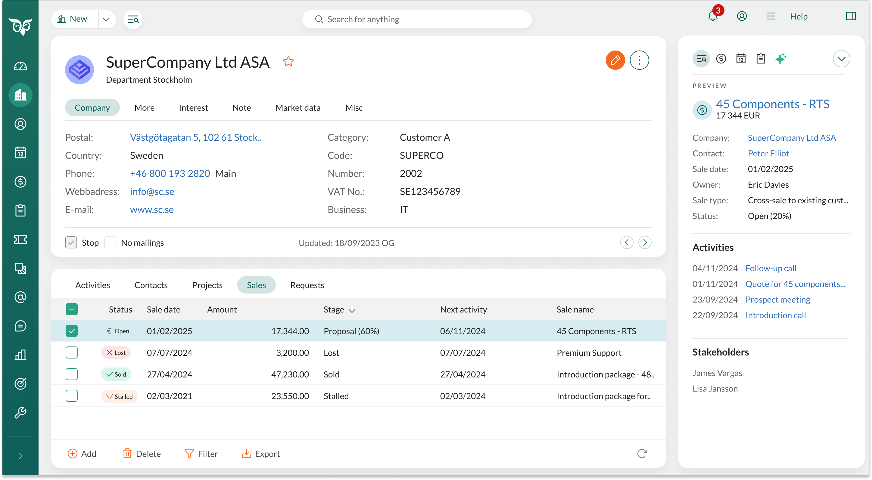 Screen shot from SuperOffice CRM