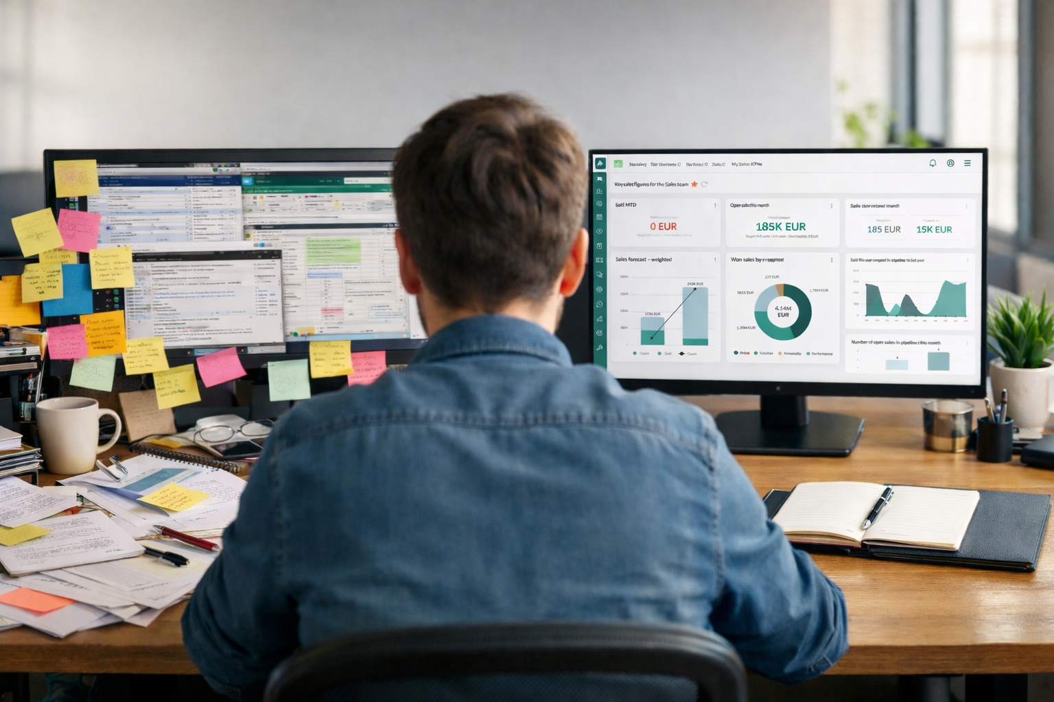 Foto af man foran en computer med mange post-it noterww