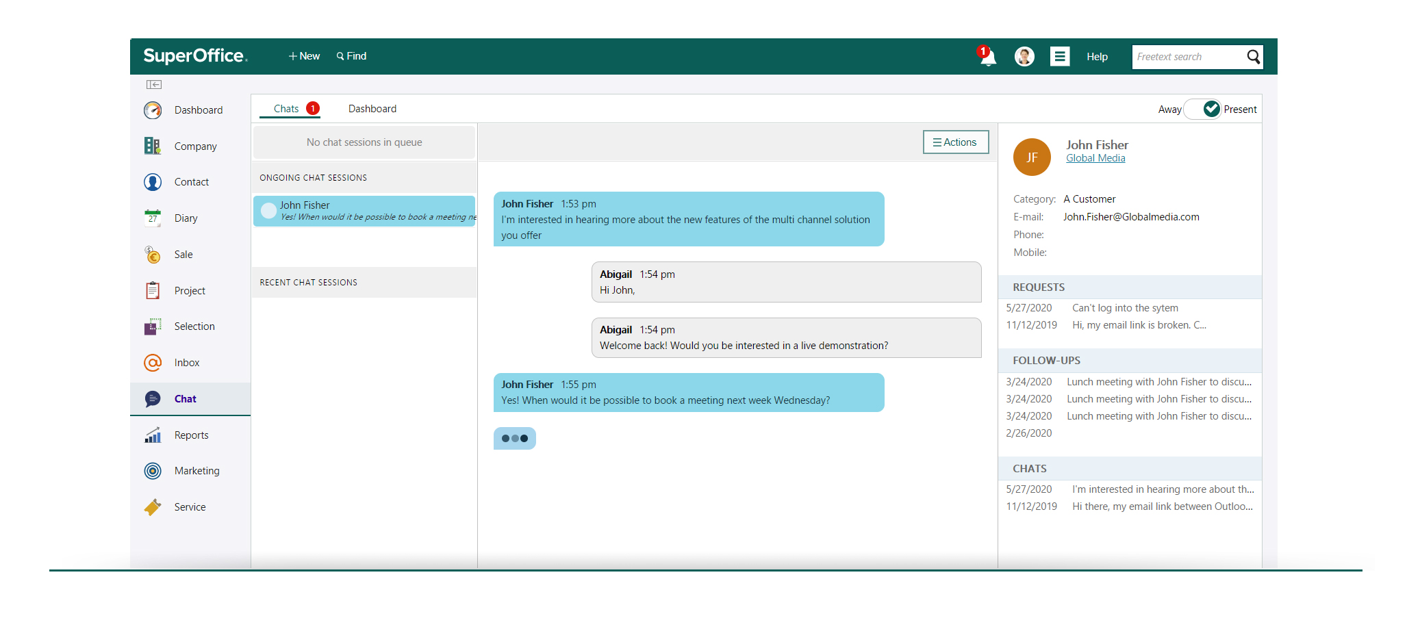 Skærmbillede SuperOffice CRMchat